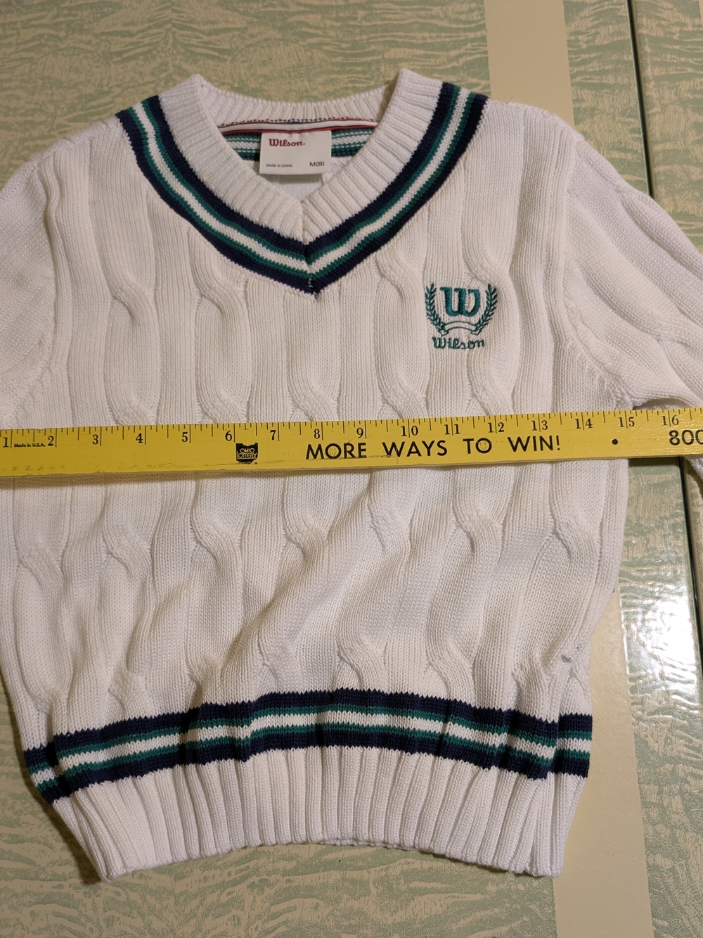Wilson Women's White Cable-Knit V-Neck Sweater with Green & Navy Trim - Picture 4 of 7